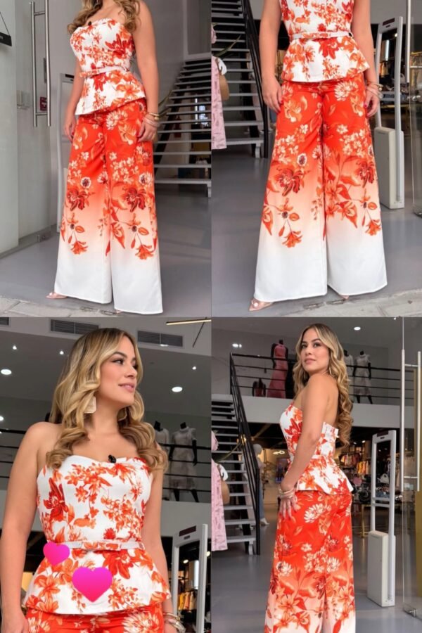 Orange Set Blusa Pantalon Y Cinturon