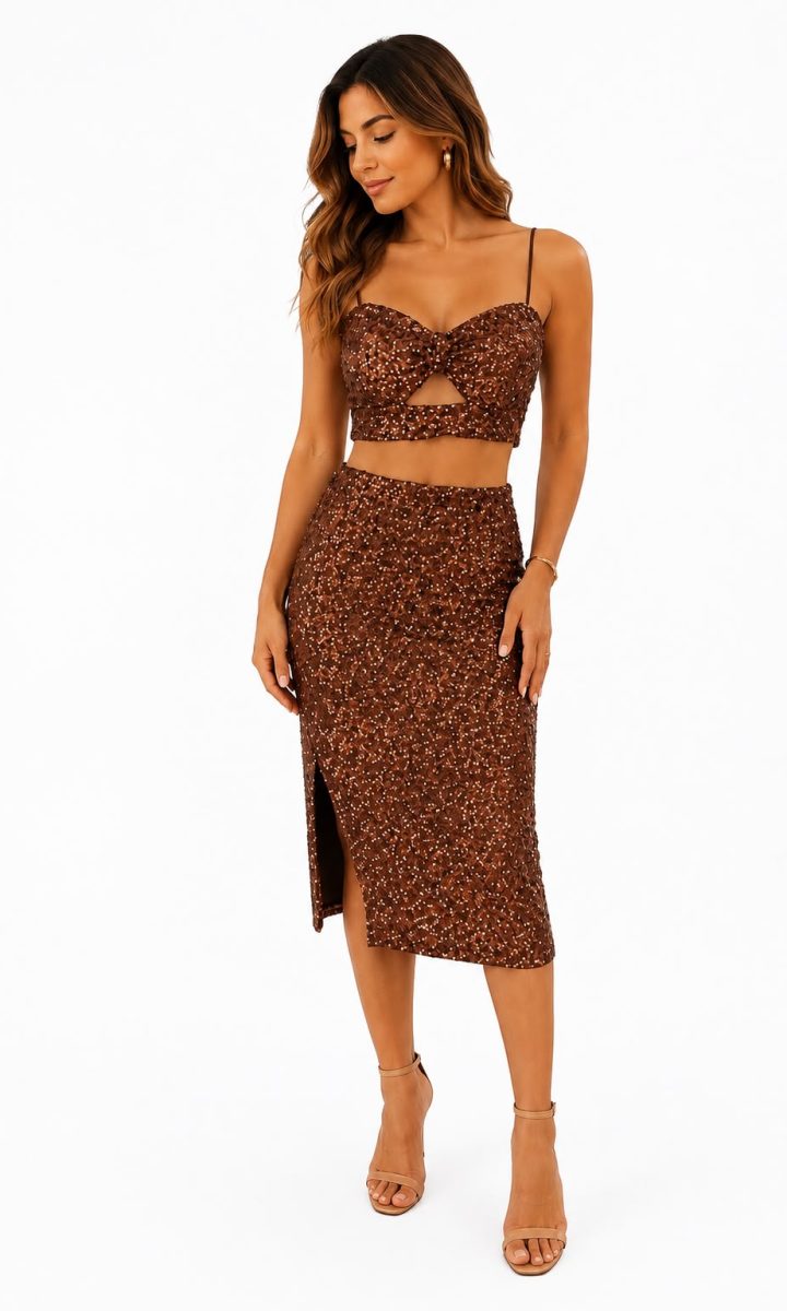 Nighttime Set Top Y Falda Bronce