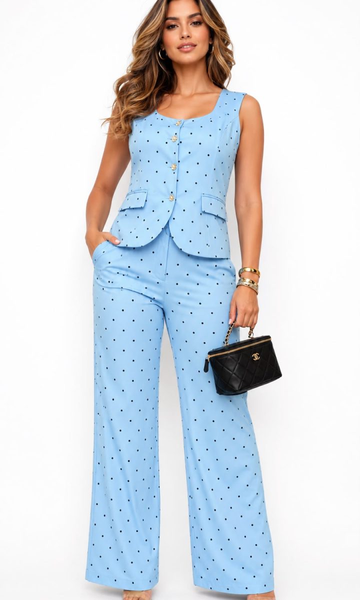 Blue Polka Dots Set Blusa Y Pantalon