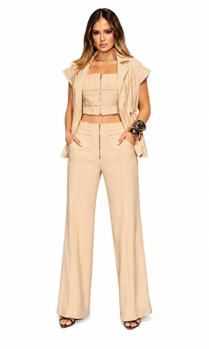 TriConjunto Blusa Top Y Pantalon Beige