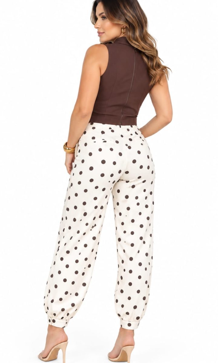Jeans Polka Dots Con Cinturon Beige