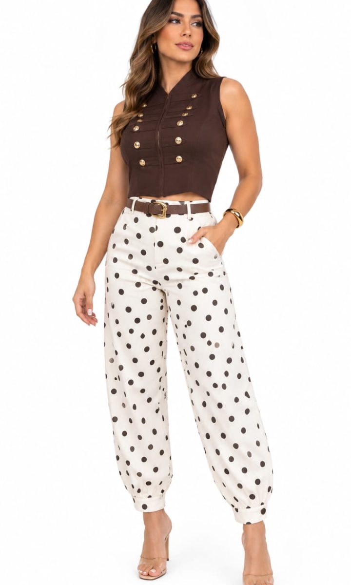Jeans Polka Dots Con Cinturon Beige